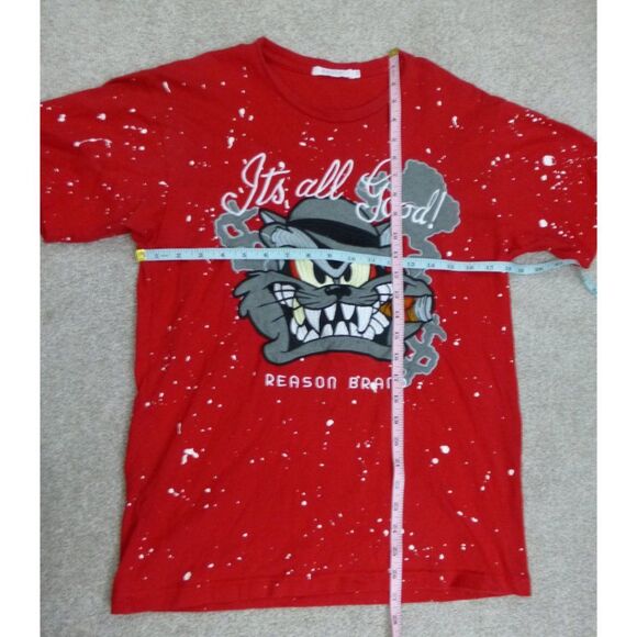 Reason Brand Red "It's All Good" Splatter Paint Graphic Embroidered T-Shirt - Picture 5 of 7